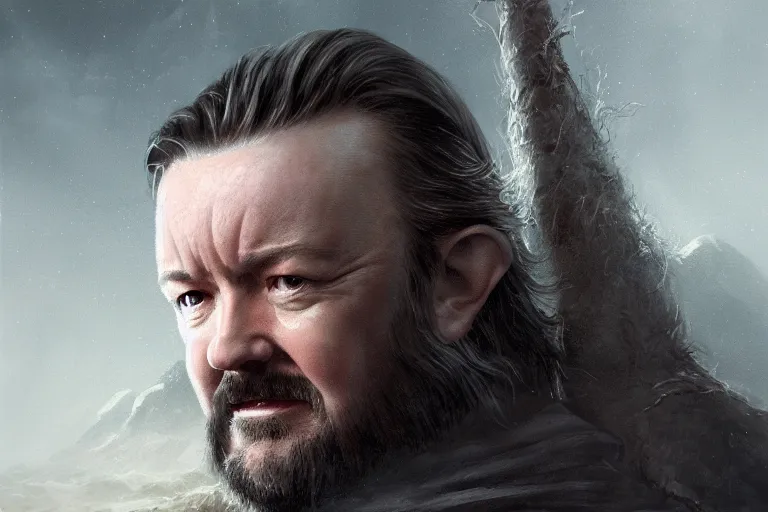 Image similar to closeup portrait of a ricky gervais as an elder wizard, lord of the rings, dramatic light, gorgeous view, depth, high detail, digital art, painted by greg rutkowski and seb mckinnon, by marguerite anderson, trending on artstation