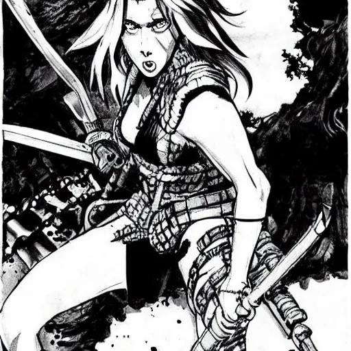 Image similar to scarlett johansson as a barbarian in afro samurai manga style, pencil and ink, walking the wastelands