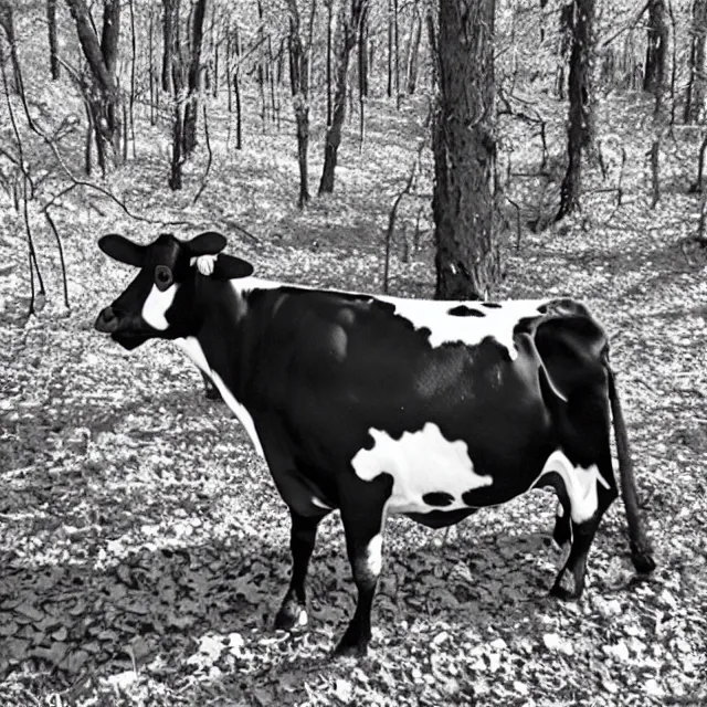 Image similar to trail cam infrared footage grainy VHS of smiling grinning wide-eyed cow-man