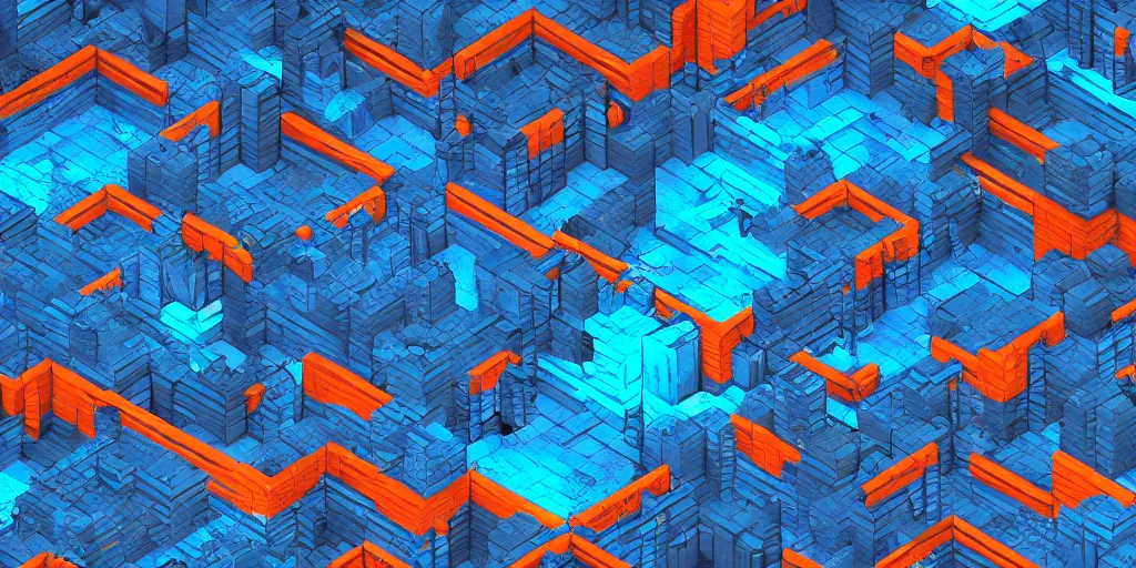 Prompt: cyberpunk dungeon, ancient caves, blue and orange neon lines along the wall,, large cubic blocks line the floor in a spaced out pattern, bluestone walls, trending on artstation