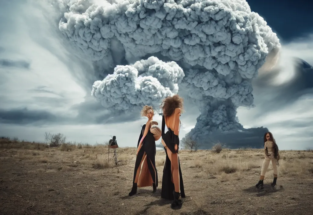 Image similar to fashion editorial in front of nuclear explosion cloud. wide angle shot. highly detailed. depth of field. high definition. 8k. photography.