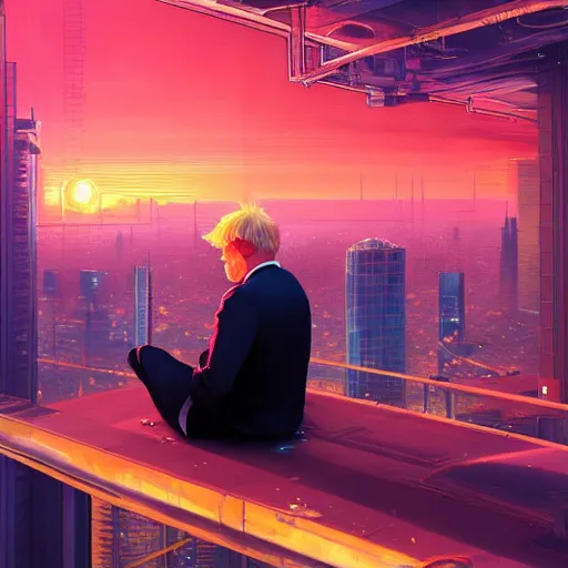 Prompt: Boris Johnson sitting on top of a skyscraper in the cyberpunk city at sunset, by greg rutkowski and android jones and Alena Aenami, oil on canvas, vibrant color scheme 8k