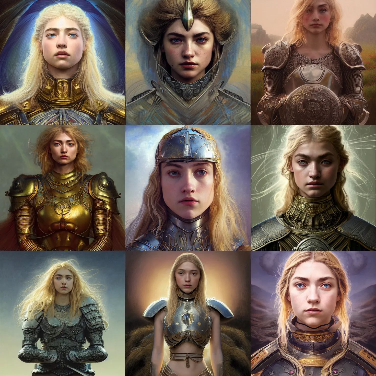 Prompt: masterpiece head-on symmetrical centered painted portrait, Imogen Poots as a warrior paladin, blonde hair, saintly, glorious light, sacred, wearing full metal armour, elegant, distant, in the style of Edgar Maxence and Ross Tran and Zdzisław Beksiński and Michael Whelan and Mucha, 8k, octane render