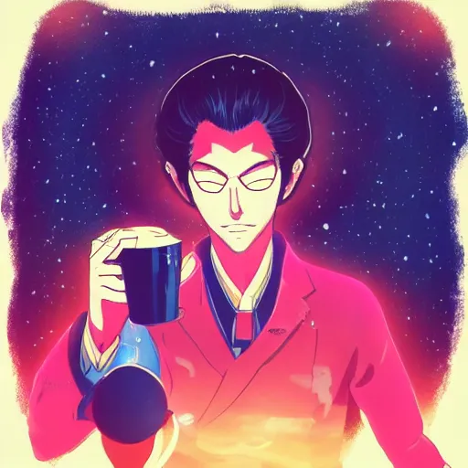 Image similar to A man drinking a cup of cosmic energy bright light by Masafumi Harada, 4k, digital art, surreal, anime style, space dandy style, highly detailed, godsend, artstation