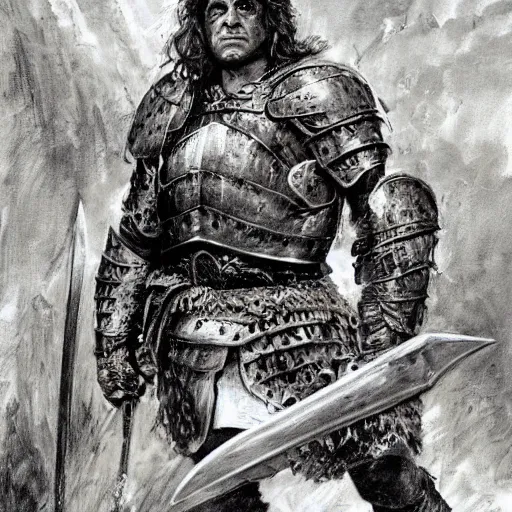 Image similar to portrait of danny devito wearing armor and holding sword by frank fazetta, fantasy, barbarian