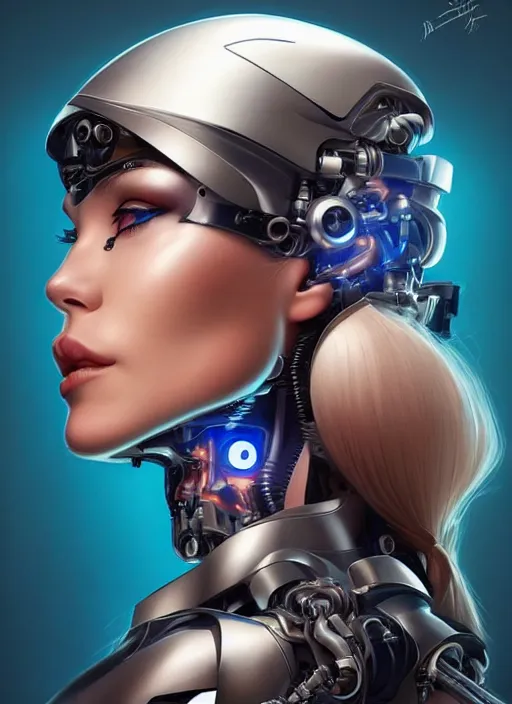 Prompt: portrait of a cyborg woman who turns her head to the ((((((right))))) left+345 (((((up))))) (((((down))))) by Artgerm,eyes closed , biomechanical, hyper detailled, trending on artstation