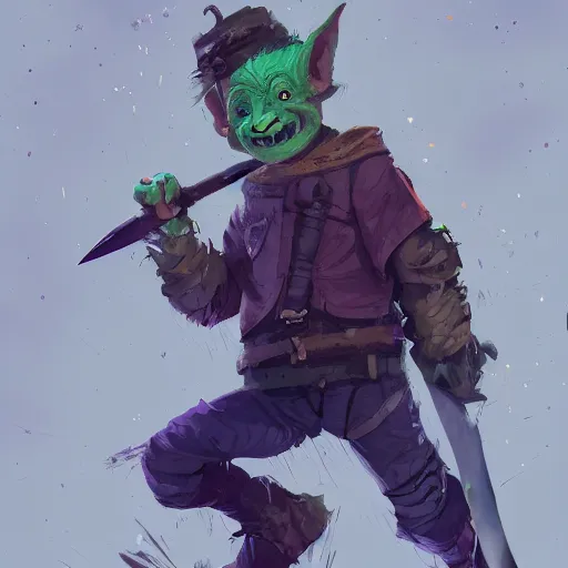 Prompt: male goblin youth adventurer with purple skin, by Ismail Inceoglu, wearing leather adventuring clothes, shabby, short, kid, bald, wielding knife, happy grin, character portrait closeup, digital art, dungeons and dragon, character