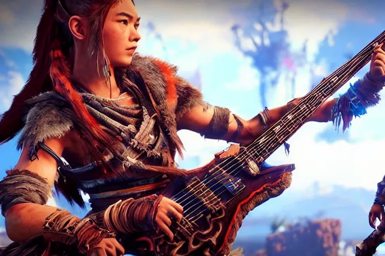 Image similar to aloy from the horizon zero dawn videogame playing a bc rich guitar with kratos from the god of war videogame