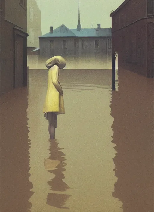 Prompt: woman in paper bag over the head on flooded street Edward Hopper and James Gilleard, Zdzislaw Beksinski, highly detailed