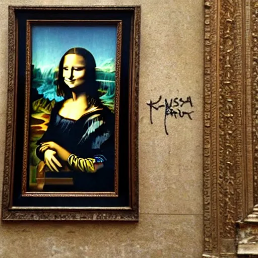 Image similar to banksy tagging the mona-lisa inside the Louvre