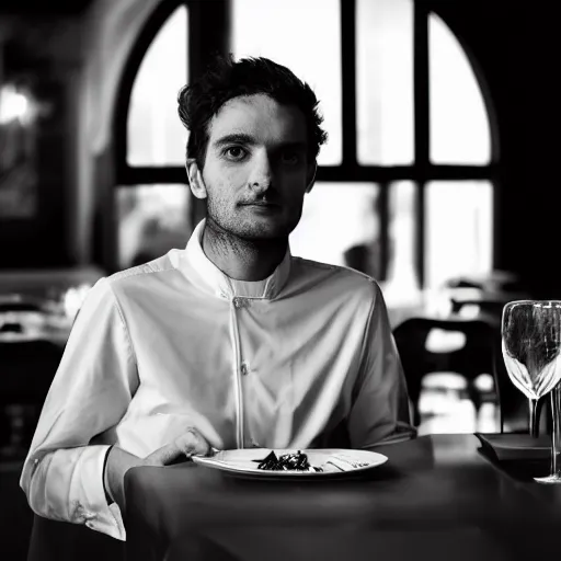 Prompt: portrait of a 3 0 years old frenchman in 2 0 2 0 at a restaurant. award winning photography, 5 0 mm, studio lighting, black and white, contrasted.