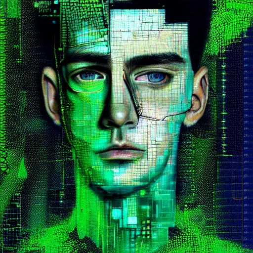 Image similar to hyperrealistic portrait of a cyberpunk teenager, male, short hair, confident, cybernetics, immersed within a glitch network, by Guy Denning, Metzinger, Russ Mills, glitch art, hyper focus, fine detail, hacking effects, digital tech effects, chromatic, color blocking!, green, acrylic on canvas, concept art, abstract, trending on cgsociety, trending on artstation