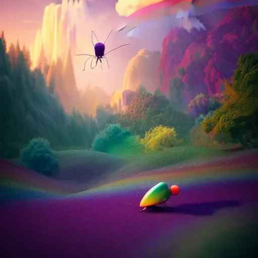 Image similar to nature scene. rainbow mountains. purple sky. fluffy clouds. big green fly. by Petros Afshar, by artgerm, by Eddie Mendoza, by Peter mohrbacher, octane render, 3d, unreal engine, depth of field, bokeh, motion blur, blur