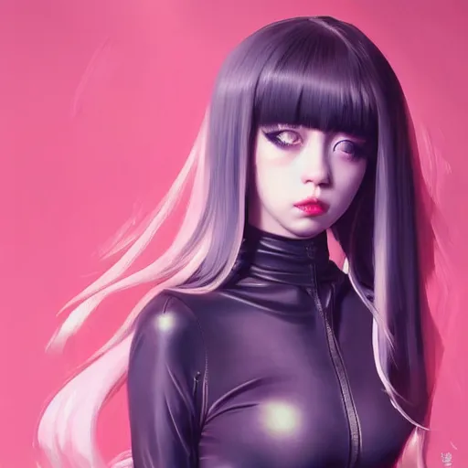 Image similar to a beautiful young japanese billie eilish kat dennings runway model in elaborate latexoutfit, by guweiz and wlop and ilya kuvshinov and artgerm and makoto shinkai and studio ghibli, symmetrical eyes, aesthetic, gorgeous, stunning, alluring, attractive, artstation, deviantart, pinterest, digital art