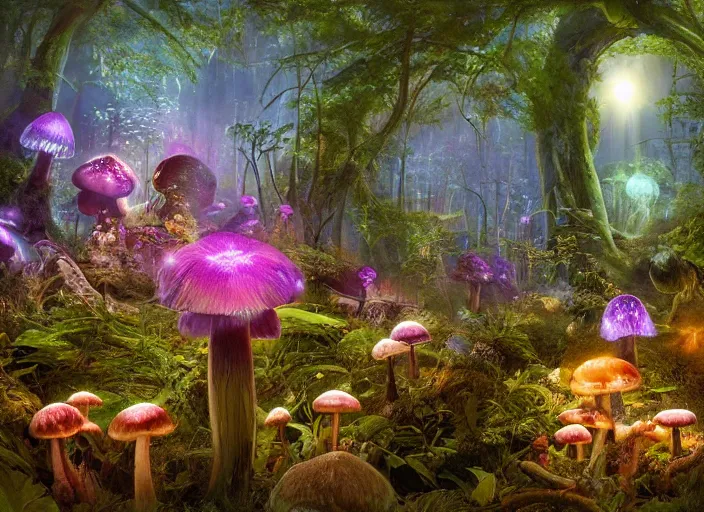 Image similar to glowing delicate flower and mushrooms that grow in a dark fatansy forest at night on the planet Pandora,