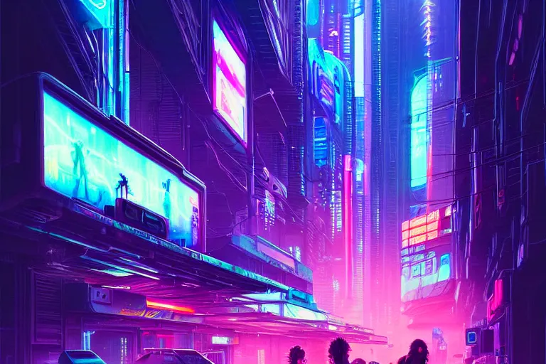 Image similar to painting of a modern cyberpunk city, neon lights, fine details, magali villeneuve, artgerm, rutkowski