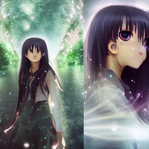 Image similar to Anime Teenage female Mage, outdoors lighting, astral background, symmetrical face and body, confident, smile, detailed moisture, detailed droplets, detailed intricate hair strands, DSLR, ray tracing reflections, eye reflections, focused, unreal engine 5, vfx, post processing, post production, Arcane Style, 8k