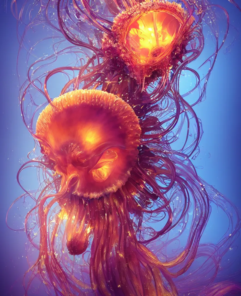 Image similar to close-up portrait of the face of a beautiful princess in a twisted flowers orchid jellyfish mask surrounded by energy flow, epic angle and pose, symmetrical artwork, 3d with depth of field, blurred background, floating jellyfish skull phoenix bird, translucent, nautilus, energy flows of water and fire. a highly detailed epic cinematic concept art CG render. made in Maya, Blender and Photoshop, octane render, excellent composition, cinematic dystopian brutalist atmosphere, dynamic dramatic cinematic lighting, aesthetic, very inspirational, arthouse. y Greg Rutkowski, Ilya Kuvshinov, WLOP, Stanley Artgerm Lau, Ruan Jia and Fenghua Zhong