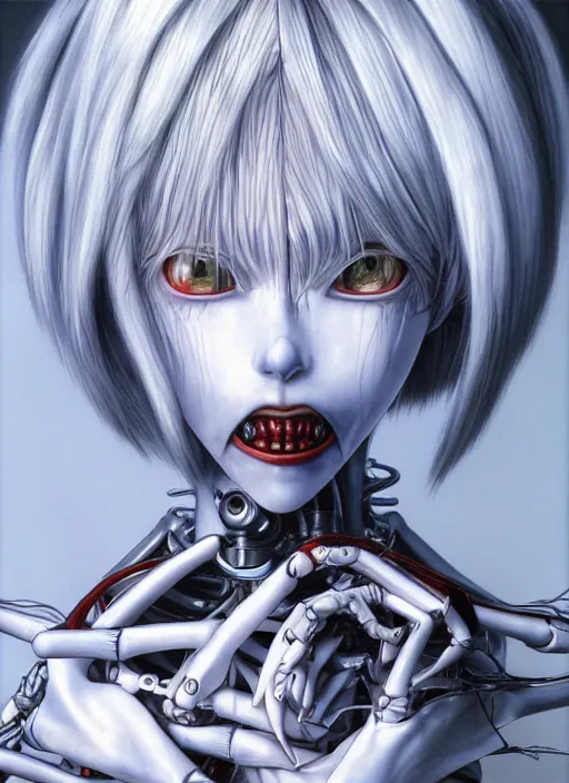 Image similar to Rei Ayanami by Yoshitaka Amano, by HR Giger, biomechanical hand, 4k, wide ayes, hyper detailed, hyperrealism, anime