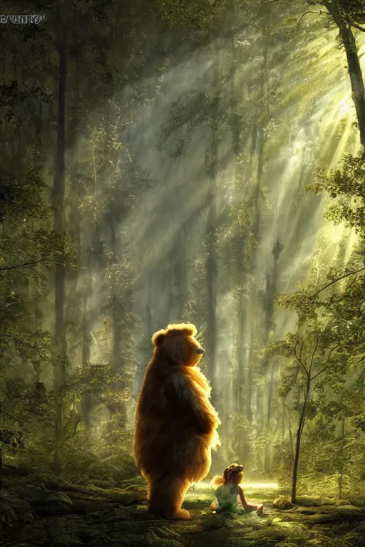 Image similar to mean fluffy teddybear protecting girl in a forest with rays of light coming through the canopy, masterpiece, dystopian, sci-fi, extremely detailed, digital painting, sculpted in zbrush, artstation, concept art, smooth, sharp focus, illustration, chiaroscuro lighting, golden ratio, incredible art, artgerm, greg rutkowski, alphonse mucha, simon stalenhag, carravaggio