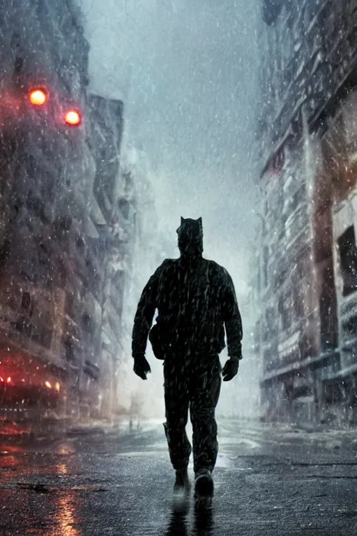 Image similar to cinematic shot of a humanoid fox double agent for the cia walking through a decimated city. realistic. rainy. dramatic lighting.