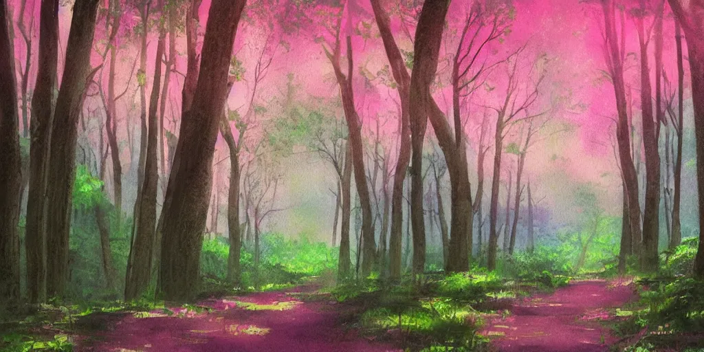 Prompt: path through a wide forest, modern contemporary, lanterns. pastel!! watercolor art, expansive cinematic view, volumetric shading, intricate and detailed, highly saturated colors. by madeon. breath of the wild style, by hayao miyazaki ghibli!!!. pink!! accents. trending on artstation. award winning