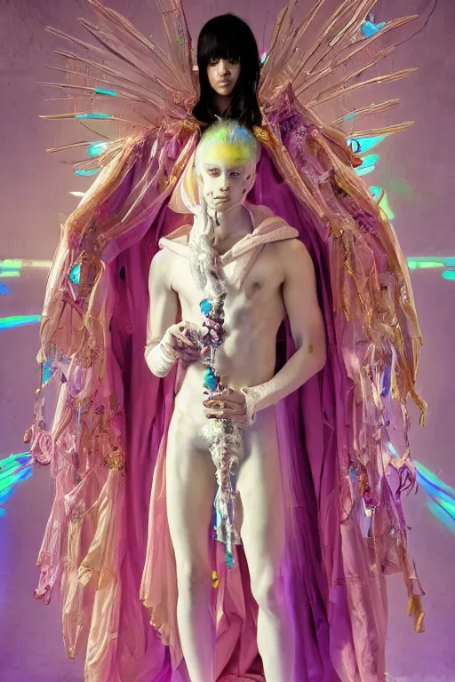 Image similar to full-body rococo and cyberpunk delicate neon crystalline sculpture of ((muscular slender albino prince Joe Jonas)) (((con la piroca dura))) as an iridescent humanoid deity wearing a thin see-through ((plastic hooded cloak)) sim roupa (holding a human skull), reclining con (((las piernas abiertas))), glowing pink face, crown of (white lasers), large diamonds, swirling black silk fabric. futuristic elements. oozing glowing liquid, full-length view. space robots. intricate artwork by caravaggio. Trending on artstation, octane render, cinematic lighting from the right, hyper realism, octane render, 8k, depth of field, 3D