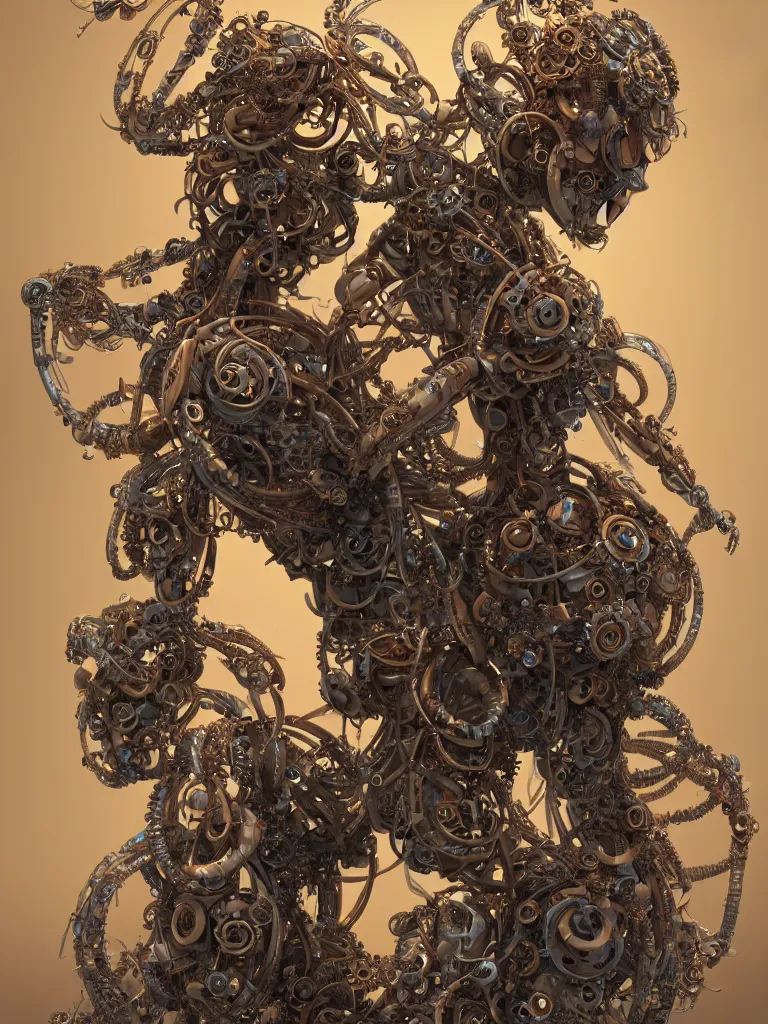 Image similar to a beautiful goddesses intertwined by intricate bio - mech tendrils made of machine and robot parts, by justin gerard and james jean, 3 d, cinema 4 d render, trending on artstation, octane render, 8 k