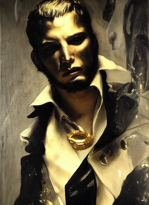 Image similar to highly detailed oil painting | very intricate | cinematic lighting | black, white and gold color scheme, dark background | the business man by alexander mcqueen | by roberto ferri, by gustav moreau, by singer sargent and klimt, american romanticism, occult art | by austin osman spare, artstation, cgsociety, official art, octane