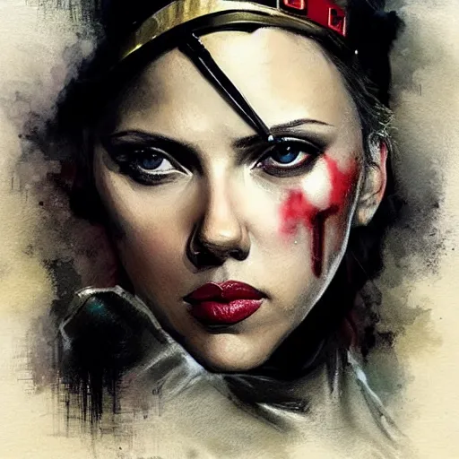 Prompt: painting of scarlett johansson wearing an eyepatch, epic, tragic, military art, fantasy, dieselpunk, hd shot, digital portrait, beautiful, artstation, comic style, by artgerm, guy denning, jakub rozalski, magali villeneuve and charlie bowater