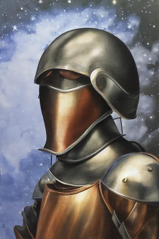 Image similar to hyperrealism oil painting, close-up portrait of medieval fashion model, knight, steel gradient mixed with nebula sky, in style of baroque mixed with 70s japan book art