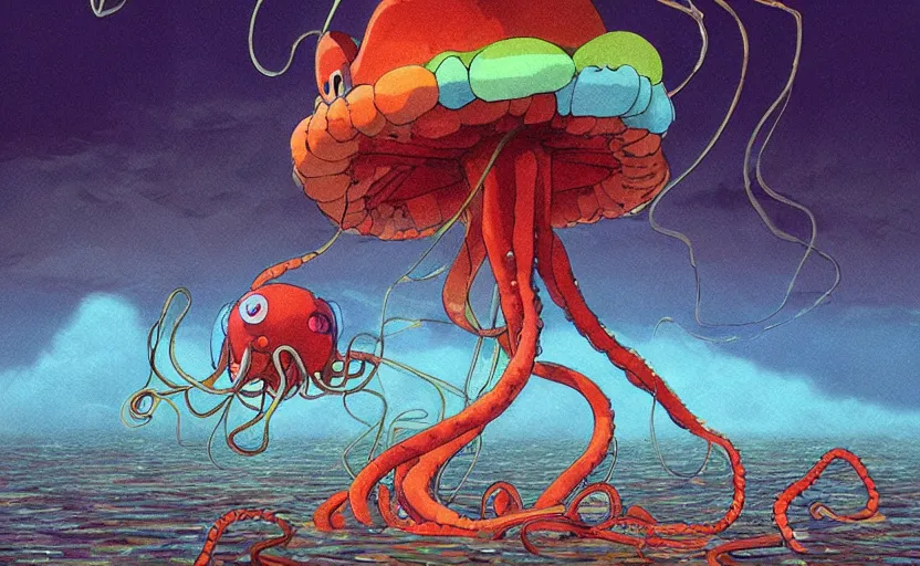 Prompt: a realistic cell - shaded studio ghibli concept art from paprika ( 2 0 0 6 ) of a flying multi - colored octopus from close encounters of the third kind ( 1 9 7 7 ) and dimensional portal to another world above a flooded temple complex on a misty starry night. very dull colors, wide shot, hd, 4 k, hq