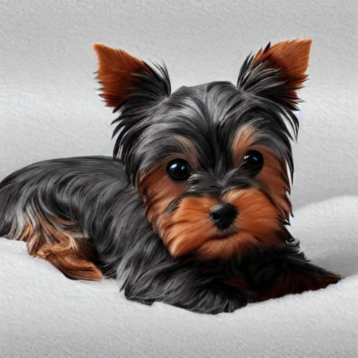 Image similar to digital painting of a cute adorable yorkie puppy with closed eyes sleeping on a soft white blanket