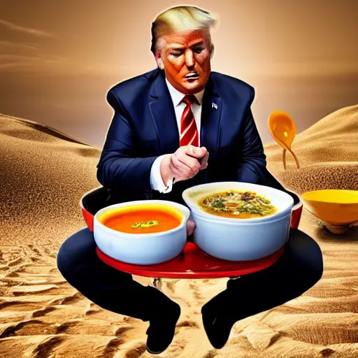 Prompt: photo of Donald Trump eating a bowl of soup in a hot desert, 8k, photorealistic,