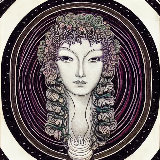 Image similar to detailed, portrait of medusa looking into space, surrounded by lotus flowers and geometry