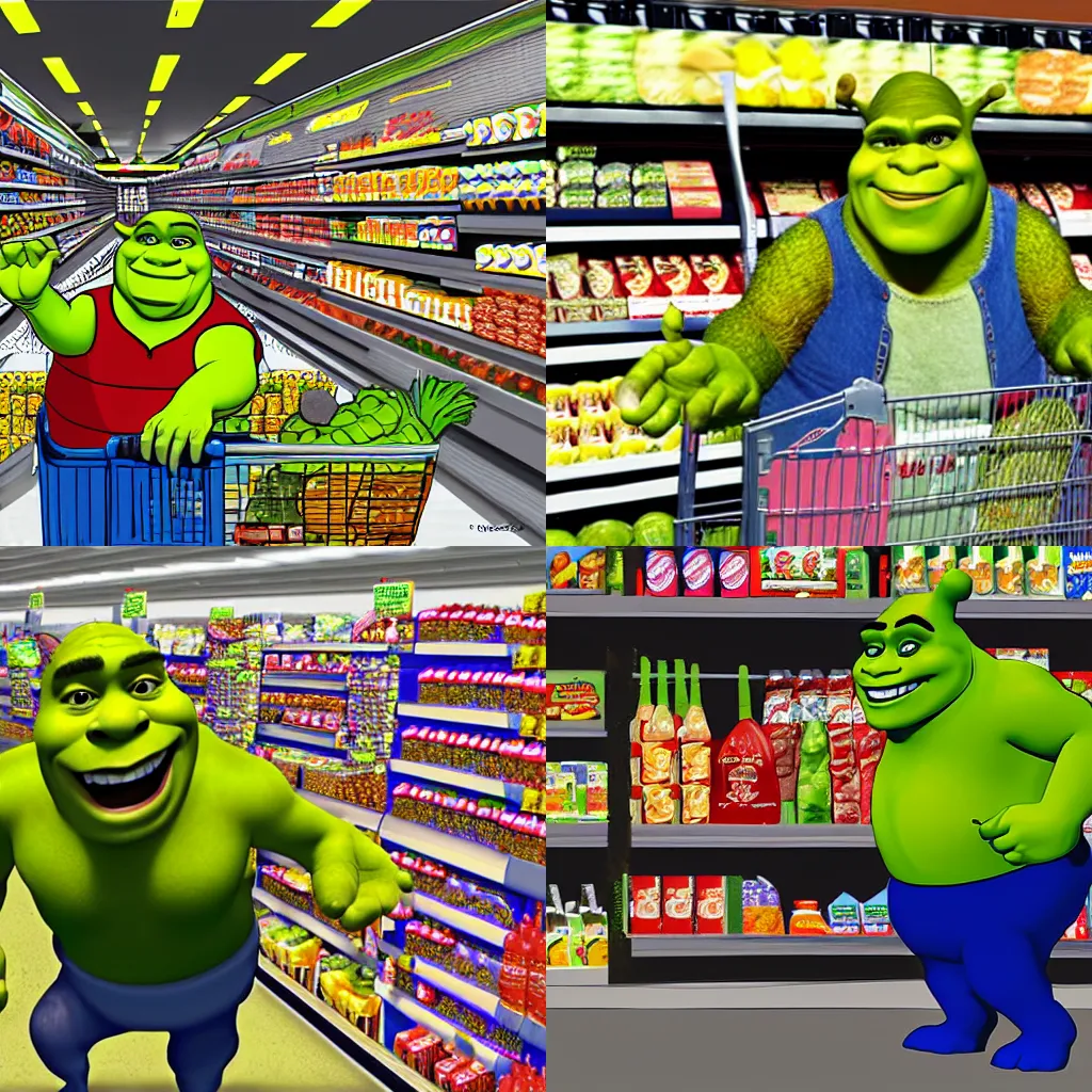 Prompt: shrek buying groceries at walmart, digital art