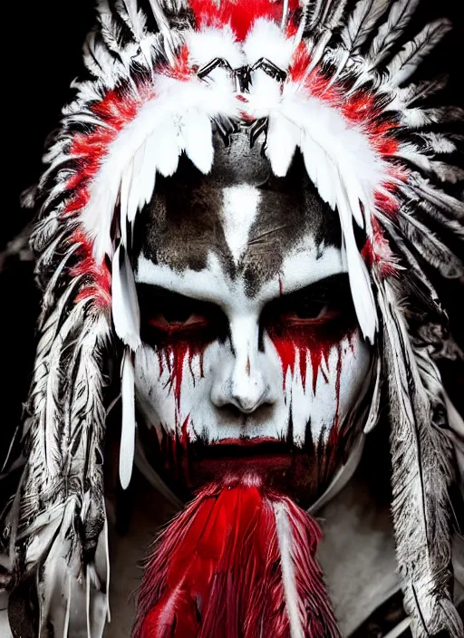 Image similar to the ghost - spirit of the grim - warpaint wears the scarlet skull armor and native blood headdress feathers, midnight fog - mist!, realism, cinematic lighting, various refining methods, micro macro autofocus, ultra definition, award winning photo