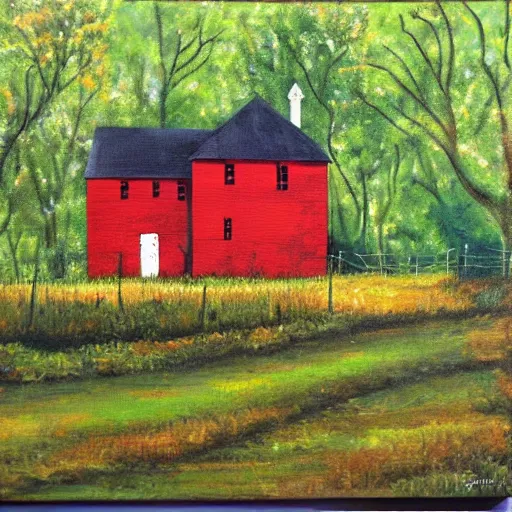 Prompt: farmhouse in the woods painted by jerry smith, acrylic painting