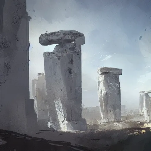 Image similar to concept art by ismail inceoglu of a small, white marble cliff in a meditereanian landscape, with stone henge on top