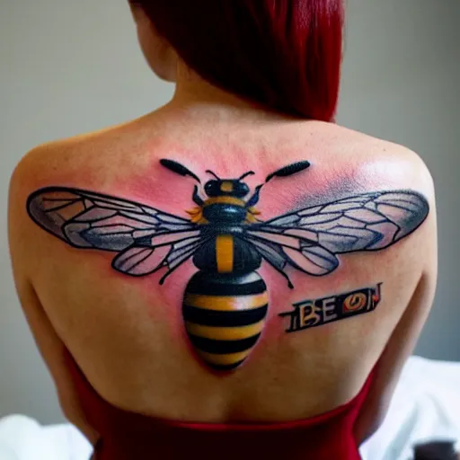 Image similar to a tattoo of bee movie on the beautiful back of a woman with crimson - red hair, anonymous, cinematic lighting, beautiful composition