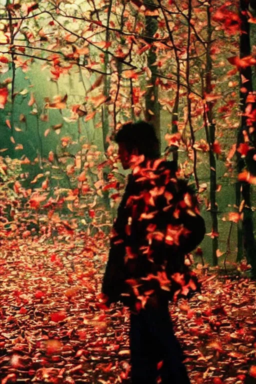 Image similar to beautiful 7 0 mm cinematic still photo of falling leaves, bokeh, cinematography by christopher doyle