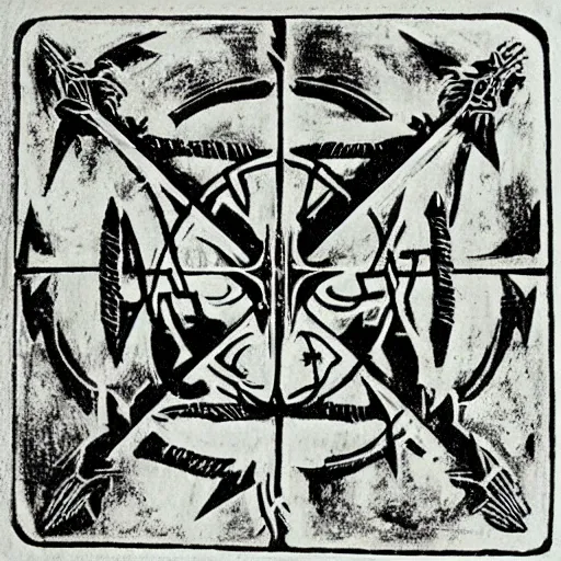 Image similar to magic sword iconography old occult runes intaglio etching engraving alchemy ink witchcraft