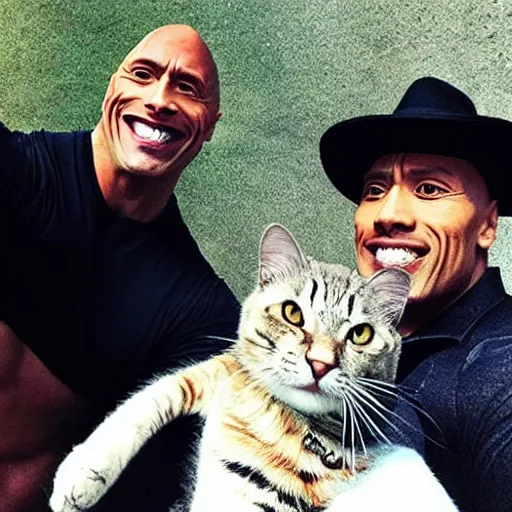Prompt: dwayne the rock Johnson selfie with cat in the hat