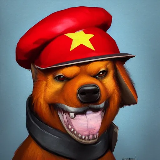 Image similar to Portrait painting of a antropormophic Red Dog using a communist red beret as an Overwatch character, medium shot, asymmetrical, profile picture, Organic Painting, sunny day, Matte Painting, bold shapes, hard edges, street art, trending on artstation, by Huang Guangjian and Gil Elvgren and Sachin Teng