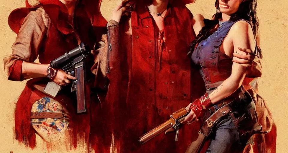 Prompt: a woman in a red wild west dress holding a shotgun, realistic painting by drew struzan, anatomically correct, beautiful, soft lighting, artstation