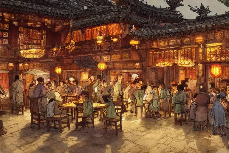 Prompt: fantasy art of a bustling tavern in china, at night, by anton pieck, highly detailed digital art, trending on artstation