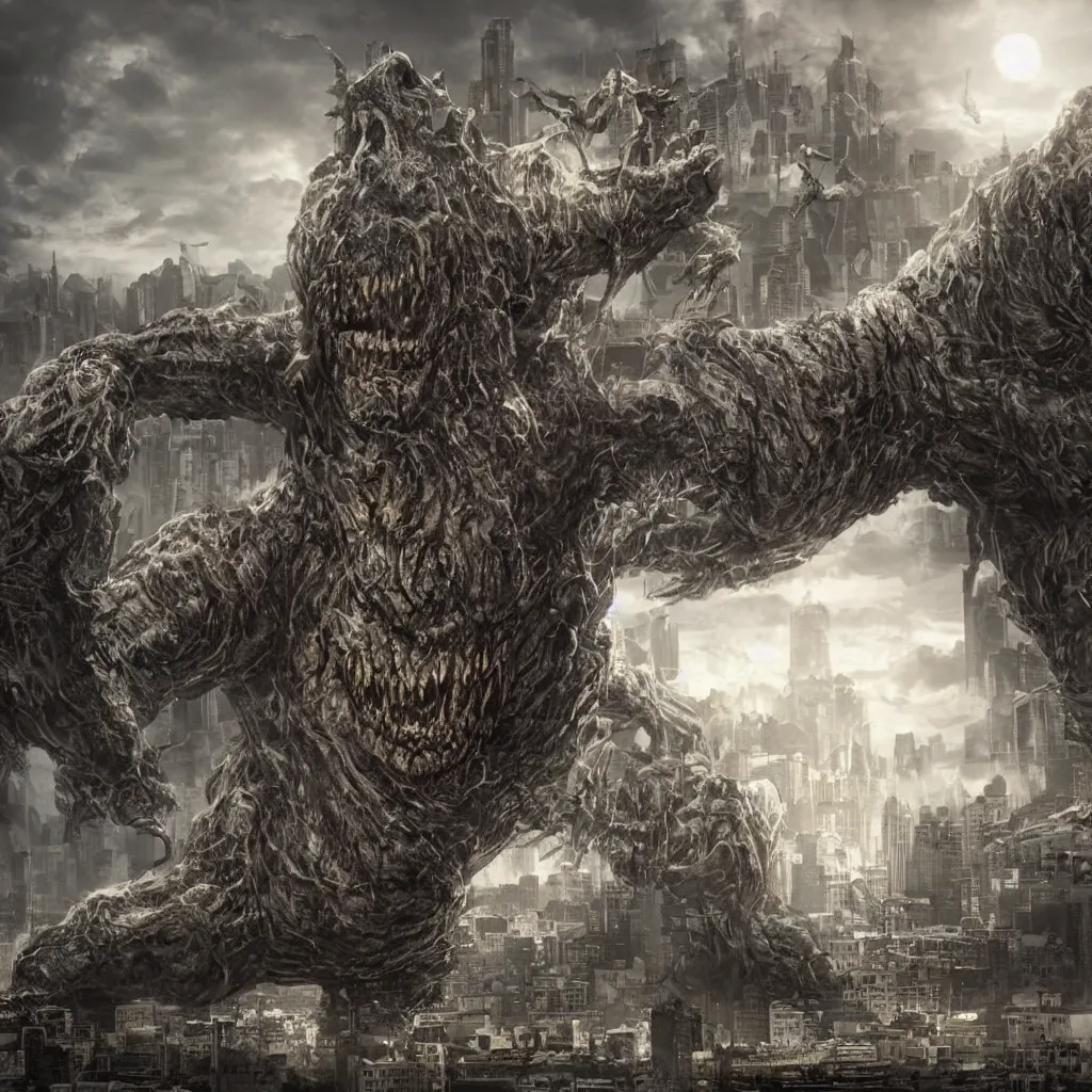 Image similar to a large, hideous monster looming over a city, scary, photorealistic