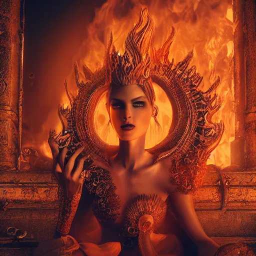 Image similar to the fire queen, 4 k, intricate detailed, jaw dropping, gorgeous, surreal, octane render