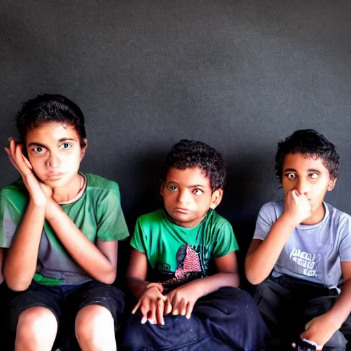 Prompt: one girl and three boys sitting together, they are siblings, black background, 8 0 mp photography, all are visible