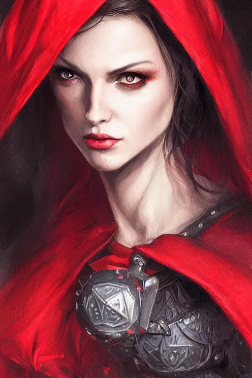 Image similar to thief red riding hood, d & d, fantasy, portrait, highly detailed, headshot, digital painting, trending on artstation, concept art, sharp focus, illustration, art by artgerm and greg rutkowski and magali villeneuve